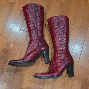 Vintage Donald J Pliner Elegant Red Crocodile-Embossed Calf-High Boots